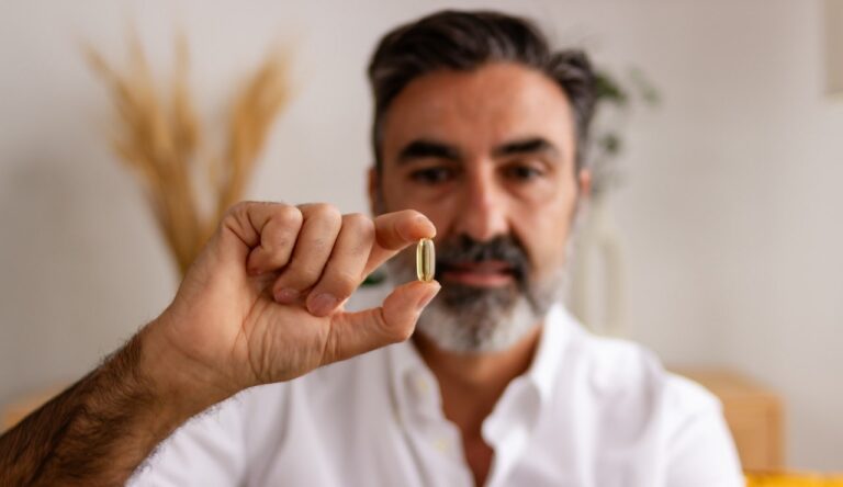 older man holding pill